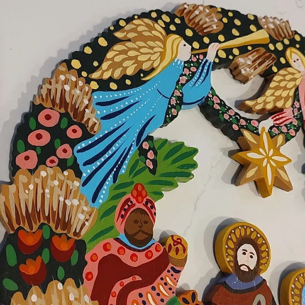 Hand Painted Wooden Nativity Scene Hanging Wreath Vintage